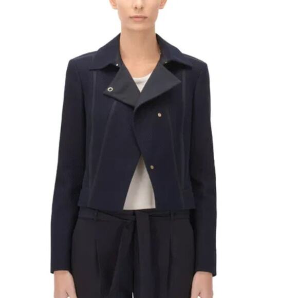 Hugo Boss Jaebina Navy Textured Asymmetrical Moto Blazer Jacket Size US 10 - Picture 2 of 9